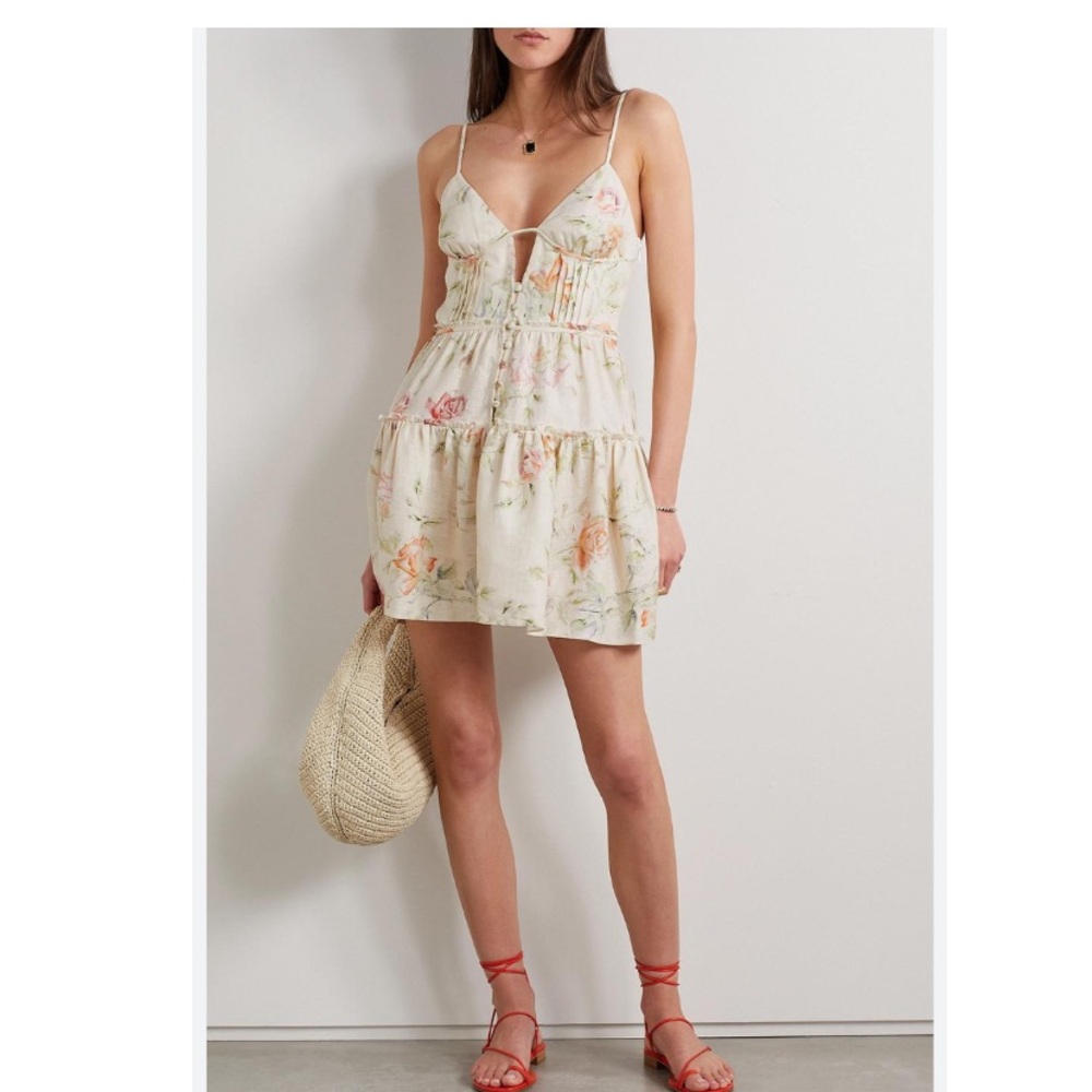 LOVESHACKFANCY Maple Tiered Floral Print Linen Mini Dress